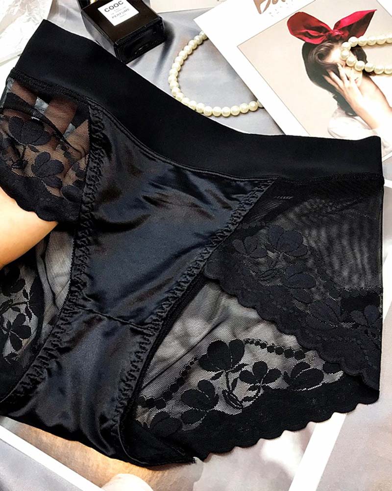 High-End Satin Light Luxury Lace High-Waisted Belly Panties