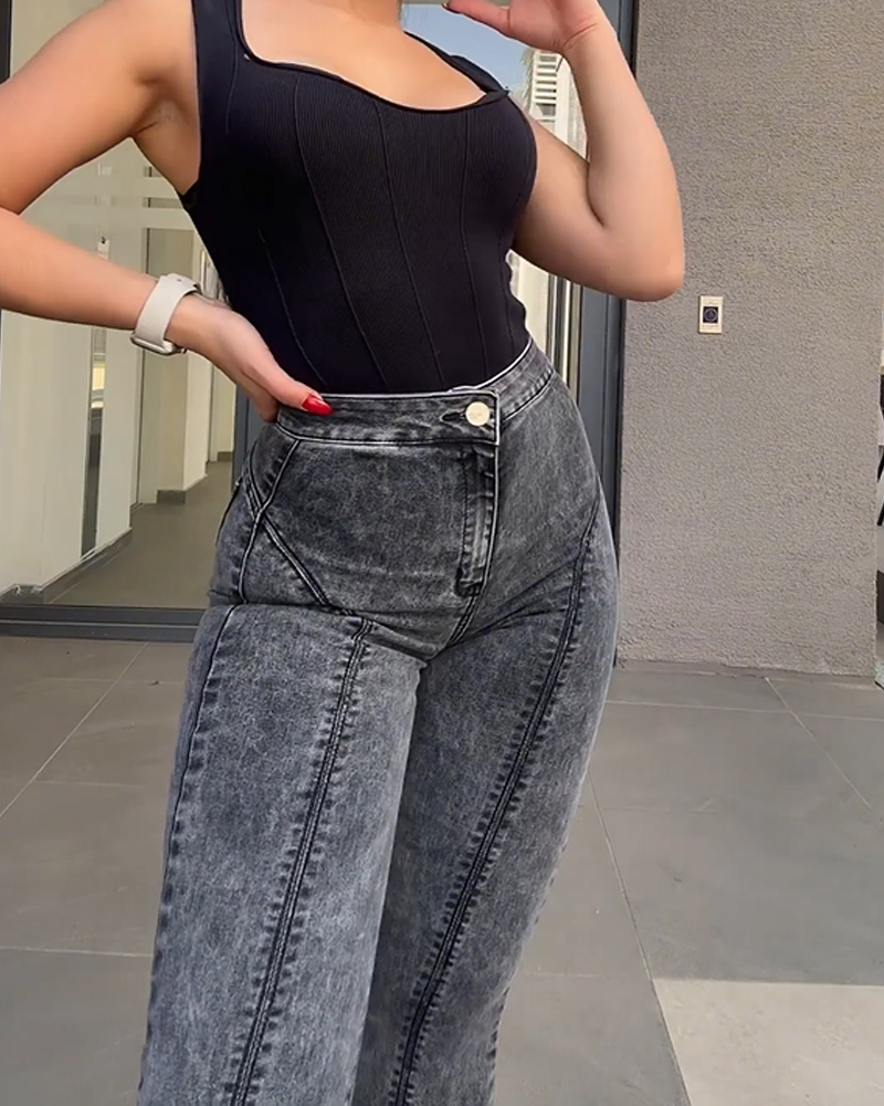 Women's Bell Bottom High Waisted Pull On Skinny Straight Fit Flare Denim Jeans