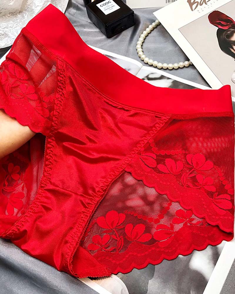 High-End Satin Light Luxury Lace High-Waisted Belly Panties