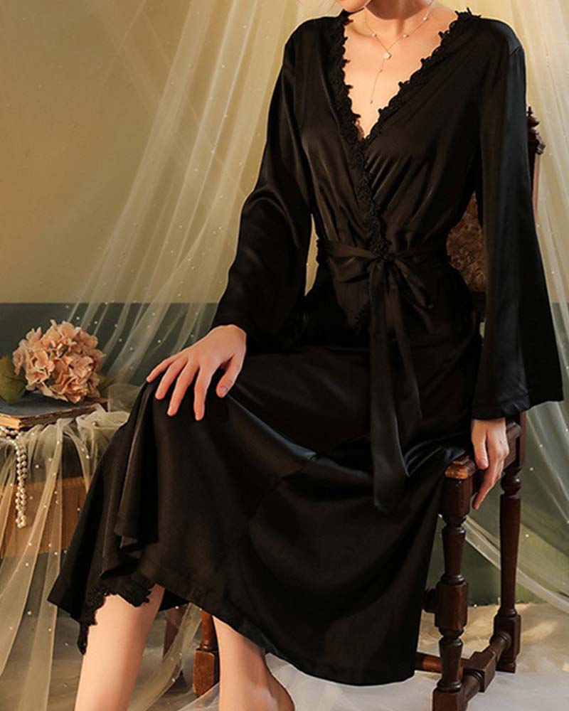 Sexy Nightgown Long Bathrobe Pajamas Women Long Sleeve Backless Women Satin Home Clothes