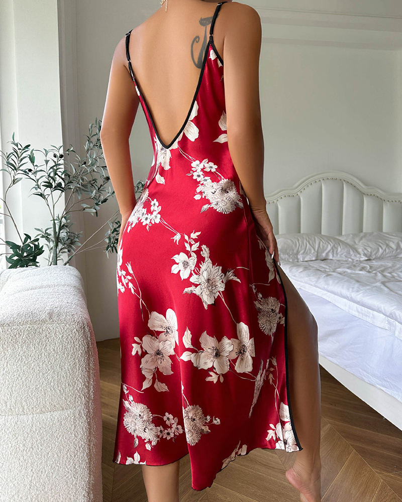 Floral Print Ice Silk Sling Nightdress