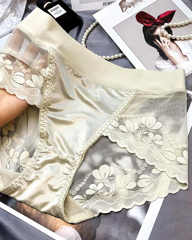 High-End Satin Light Luxury Lace High-Waisted Belly Panties