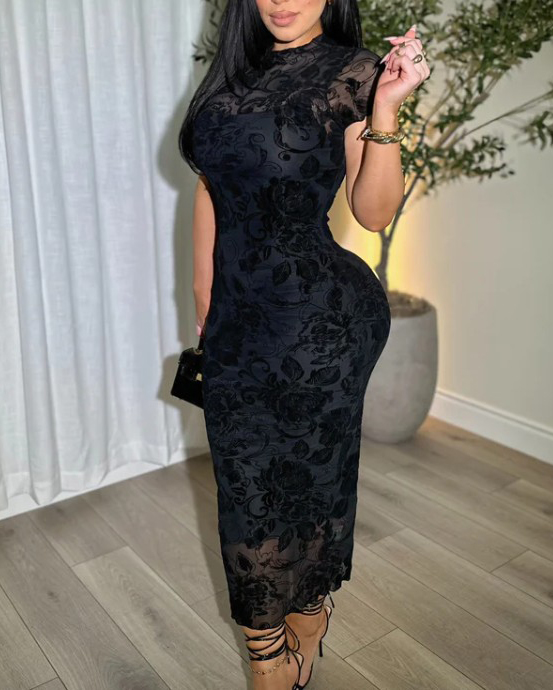 Women's Sheer Mesh Sexy Bodycon Dress with Retro Prints