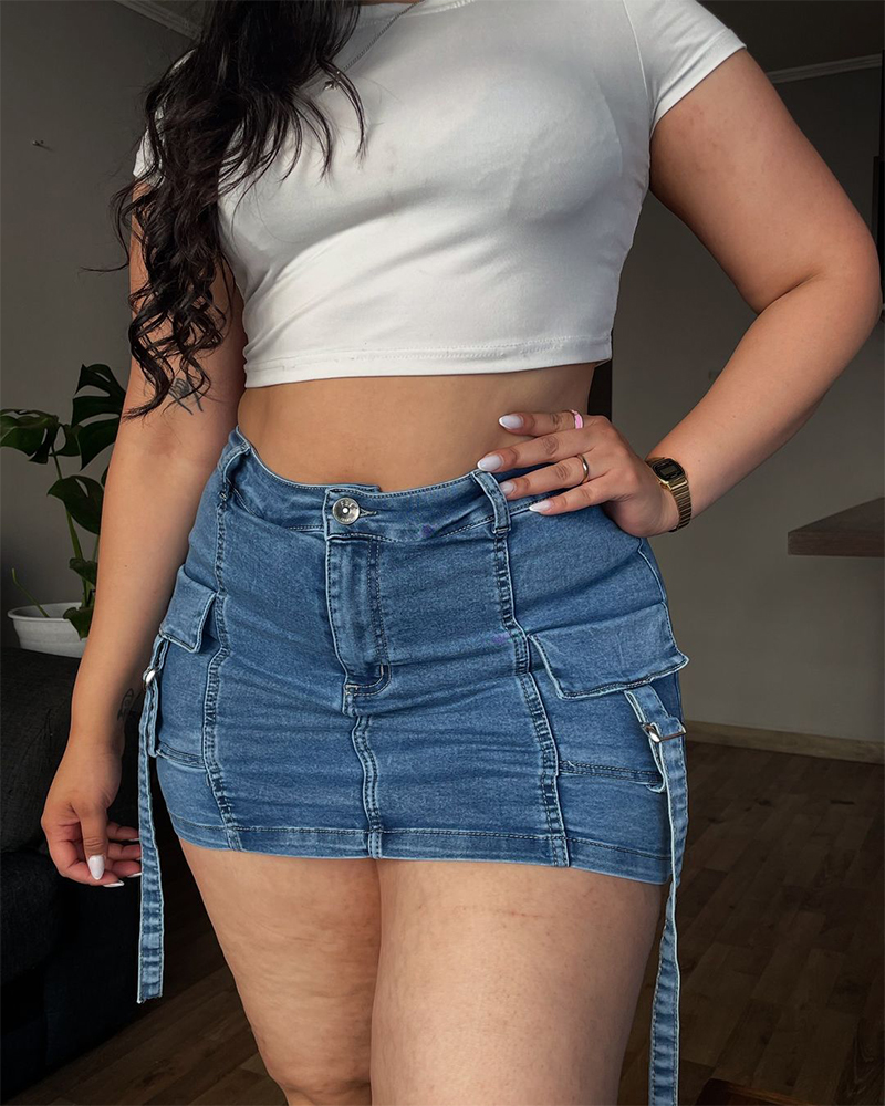 Lined Denim Cargo Shorts Skirt