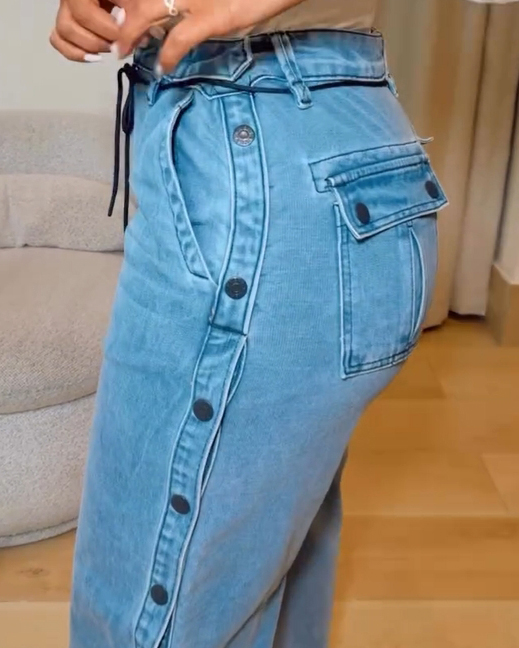 Women's Straight Leg Wide Legs High Waist Baggy Snap Button Side Jeans