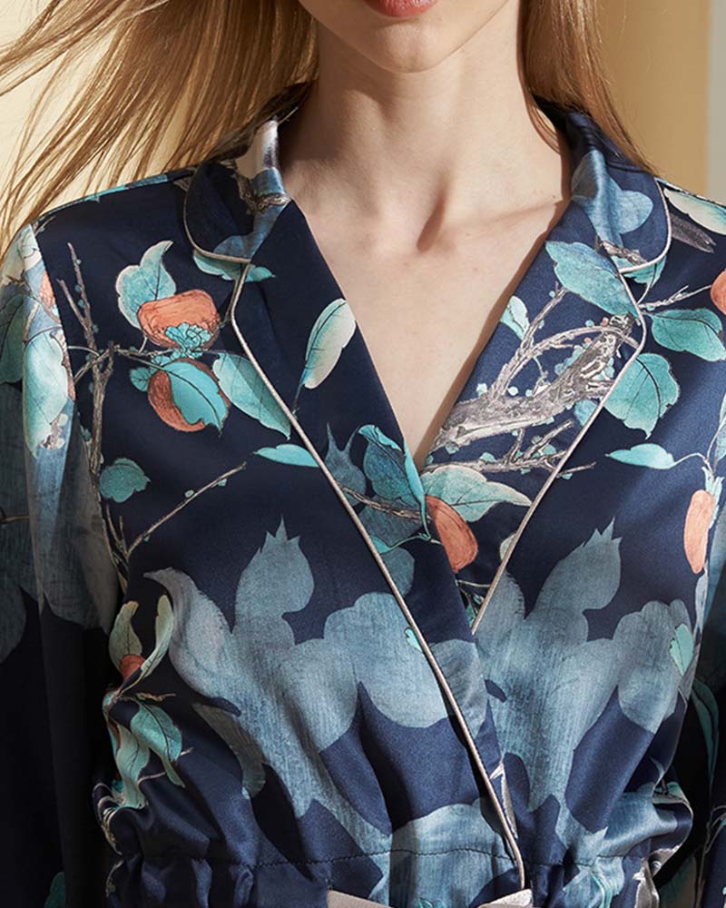 Lapel Printed Satin Pajama Set