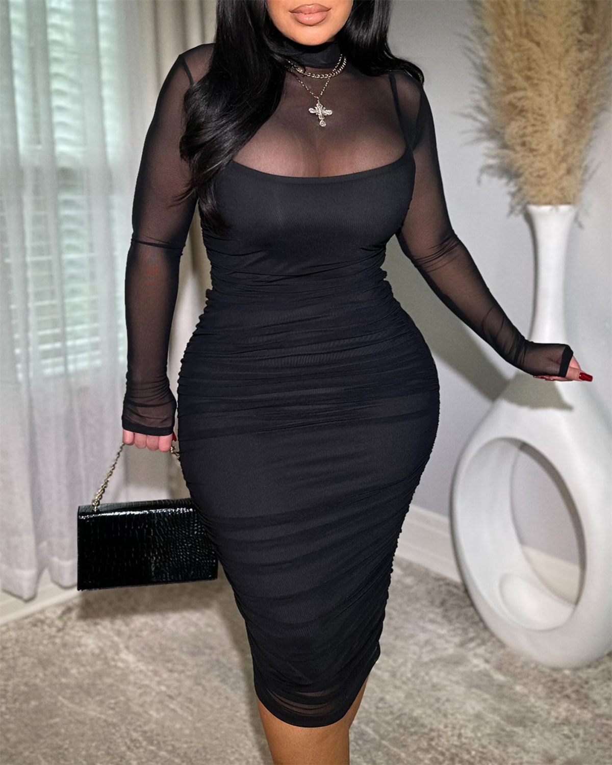 Women's Ruched Mesh Sheer Mock Neck Long Sleeve Midi Bodycon Dress