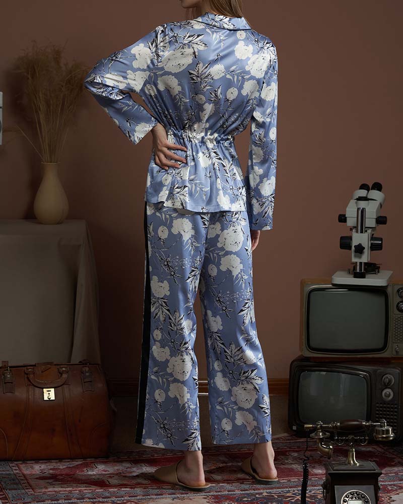 Lapel Printed Satin Pajama Set