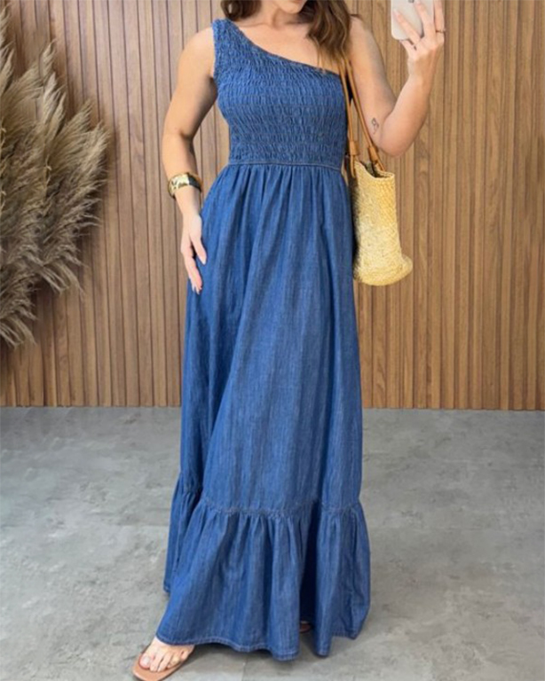 Off-the-Shoulder Slimming Denim Dress
