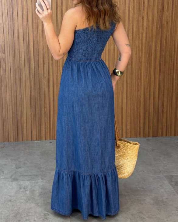 Off-the-Shoulder Slimming Denim Dress